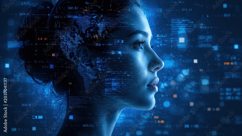 Obraz premium Woman profile facing right with digital data overlay in tech background