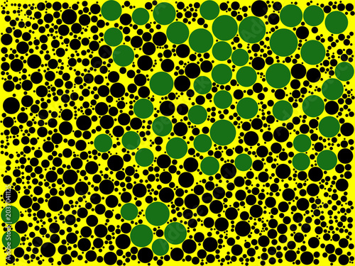 Retro green and black dot art pattern – multi-size scattered circles in primary colors on yellow