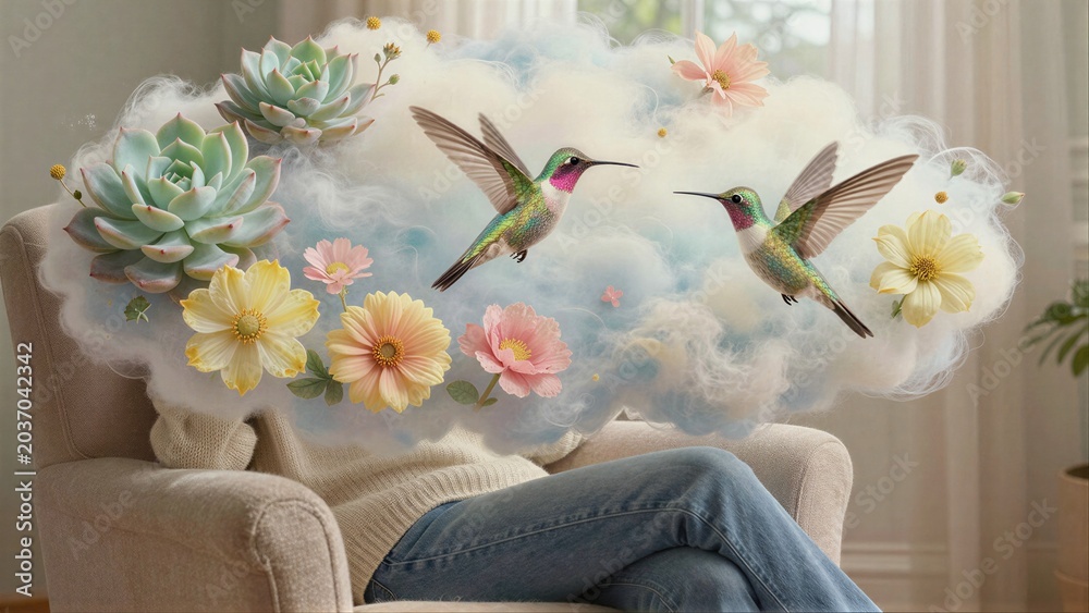 Obraz premium Person relaxes in armchair dreaming of hummingbirds and flowers