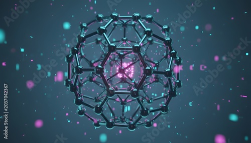 Modern Futuristic Buckyball Fullerene Molecular Network Sphere with Magenta Pink Neon Glow and Teal Digital Particles Background