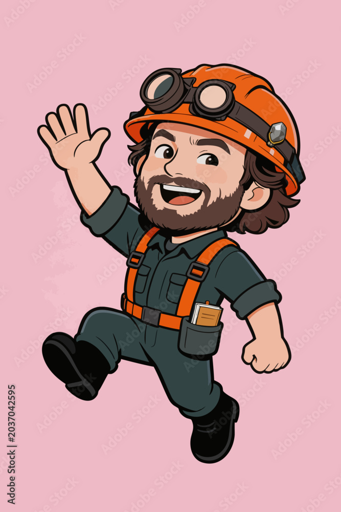 Fototapeta premium Cheerful Cartoon Male Worker Waving and Jumping
