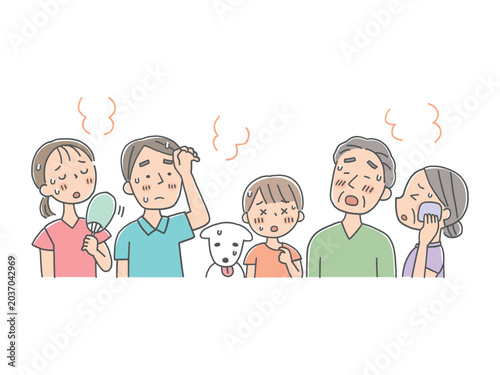 夏の暑さに困る家族とペットのイラスト