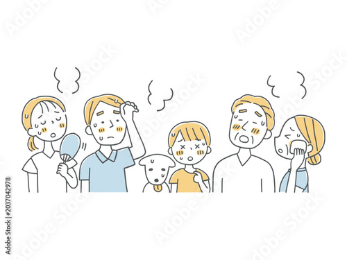 夏の暑さに困る家族とペットのイラスト単色