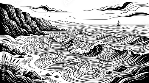 Photos Coastal Ocean Landscape Line Art Vector Illustration
