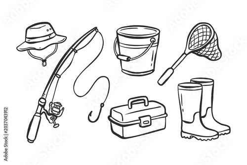 Fishing equipment doodle set in hand drawn outline style. Rod, net, bucket, boots, hat and fish. Minimal vector illustration for outdoor activity, angling and nature theme.