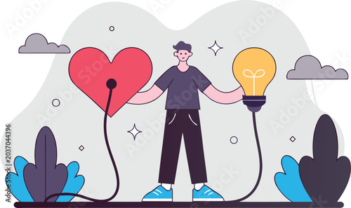 Tableau sur toile Person with heart and light bulb connected passion for ideas connection