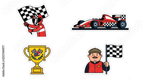 Cartoon illustrations depicting various elements of car racing, including a driver, a race car, a trophy, and a flagman.