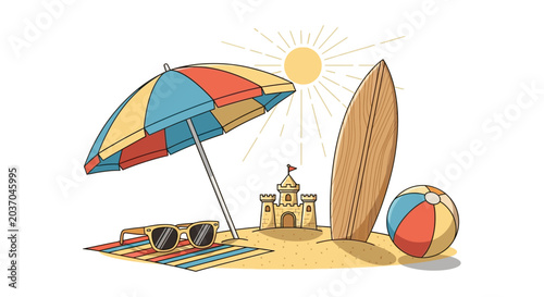 Beach scene illustration featuring umbrella surfboard and sandcastle on sunny day