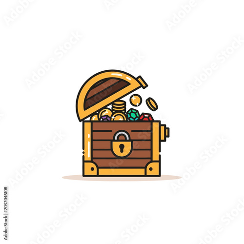 Cartoon treasure chest overflowing with gold coins and jewels isolated on white