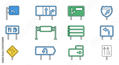 Collection of various road signs and directional information boards.
