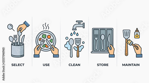 A step-by-step guide illustrating the process of using and maintaining kitchen utensils for optimal hygiene and longevity