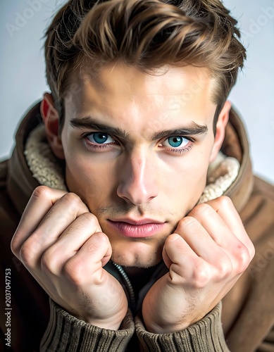 Young Man with Blue Eyes Portrait.