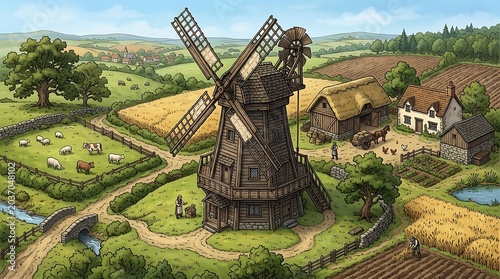 Rustic Windmill Village Scene with Farmland, Sheep, and Farmhouse