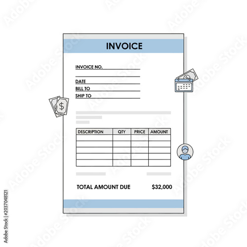 Invoice document illustration with financial and business elements