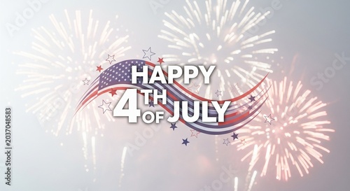 Happy 4th of July text with American flag elements and fireworks display in a celebratory graphic design illustration with a soft gradient background and patriotic colors of red, white, and blue.