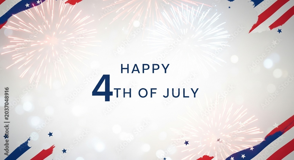 Fototapeta premium Happy 4th of July greeting with fireworks and American flag elements in a festive celebration design, patriotic holiday background with copy space for text and messages.