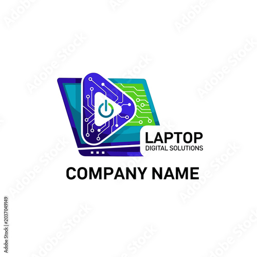 Modern laptop logo with play button and digital circuit board design