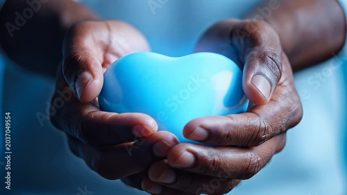 Hands holding blue heart symbol concept of love care and support