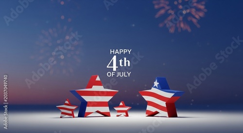 Festive 3D rendered stars in patriotic red white and blue colors with a subtle fireworks display in the background celebrating the Fourth of July holiday occasion