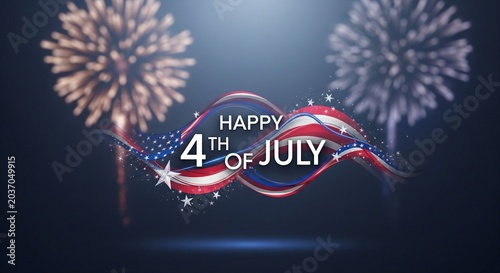 Happy 4th of July text with American flag elements and fireworks exploding in the night sky, patriotic celebration graphic design with stars and stripes, festive holiday background