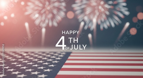 American flag detail with blurred fireworks and text 