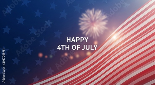 Happy 4th of July greeting with American flag elements, fireworks, and stars on a patriotic background, digital illustration with bokeh lights and lens flare effect, celebrating Independence Day.