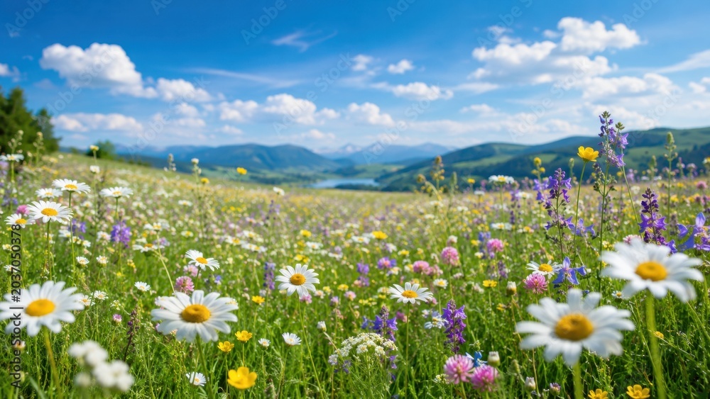 Obraz premium Wildflower meadow blooming under blue sky in mountain valley