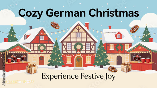 Foto A charming illustration of a cozy German Christmas market scene with traditional half-timbered houses, festive stalls, decorated trees, and floating pastries under a snowy sky