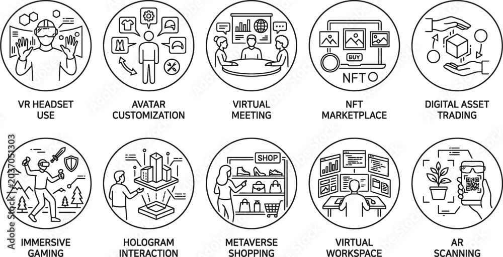 Obraz premium Metaverse Virtual Reality Micro Activity Icons Pack VR Avatar NFT Hologram AR Immersive Digital Workspace UI Line Vector Design