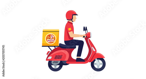 Pizza delivery rider on scooter with food box isolated illustration