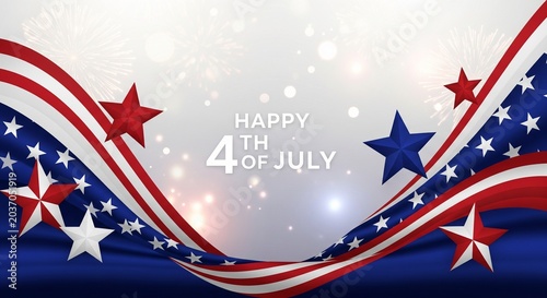 Happy Fourth of July celebration with waving American flag elements and stars against a background of fireworks and bokeh lights, patriotic holiday graphic design
