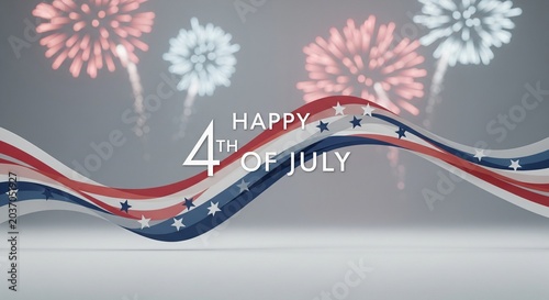 Happy 4th of July greeting with abstract American flag wave and blurred fireworks display in background, patriotic celebration concept, digital illustration