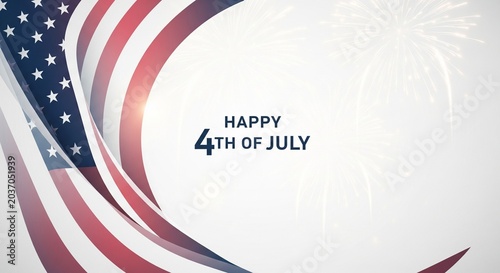 Abstract American flag waving with stars and stripes design elements and subtle fireworks in background, celebrating Independence Day holiday graphic