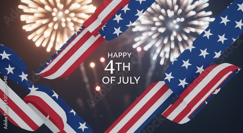 Abstract patriotic ribbons in American flag colors with fireworks and text 