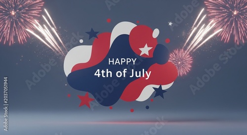 Happy 4th of July text with abstract patriotic shapes and fireworks exploding in a dark blue sky, celebrating American Independence Day with festive elements and a celebratory mood.
