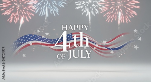 Happy 4th of July text with American flag waves and fireworks celebration background, patriotic holiday graphic design