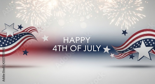 Happy 4th of July greeting with American flag elements, stars, and fireworks display in patriotic red, white, and blue colors, festive celebration background with copy space for text.