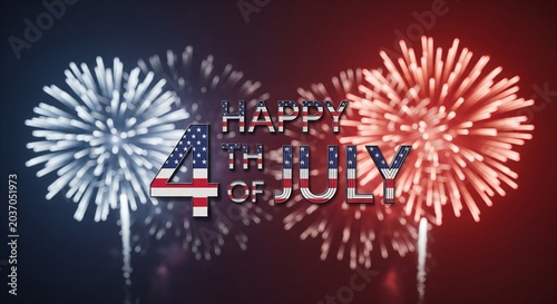Happy 4th of July text with American flag elements and red and blue fireworks exploding in the night sky, patriotic celebration concept, festive holiday background.
