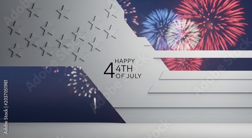 Happy 4th of July greeting with abstract American flag design and blurred fireworks display in patriotic red, white, and blue colors, modern graphic illustration with copy space