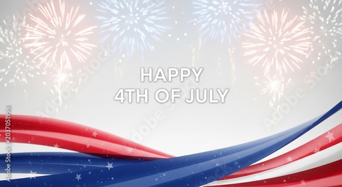 Happy 4th of July text with fireworks and American flag ribbons in patriotic red white and blue colors on a bright white background, festive celebration graphic