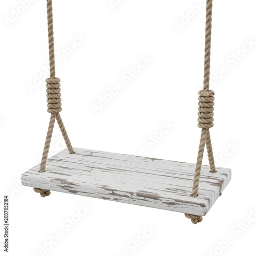 A classic wooden swing hanging from thick ropes on a playground. Vector