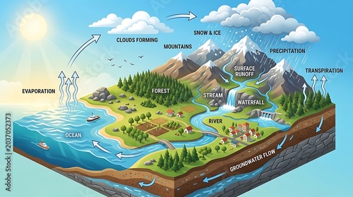 Water Cycle Diagram Earth's Hydrologic Cycle Explained with Sun, Ocean, Mountains, Rivers