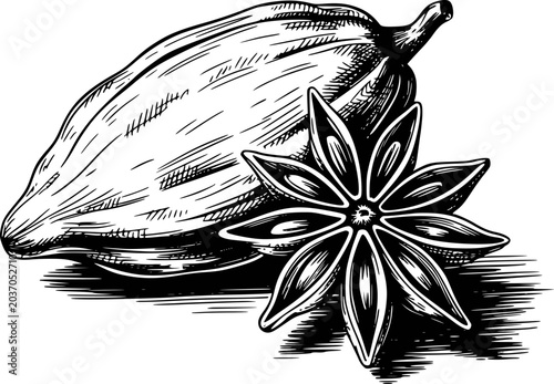 Foto Detailed black and white of cardamom pod and star anise spice