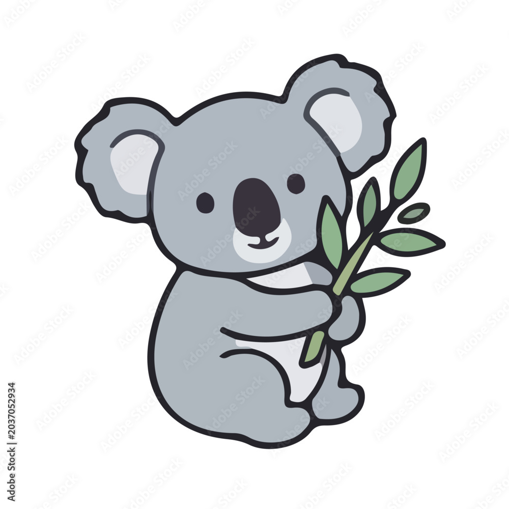 Fototapeta premium Cute hand drawn koala holding eucalyptus leaves doodle illustration