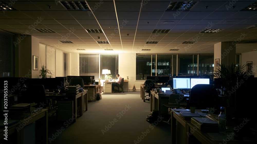 Fototapeta premium Dark Office Floor with Single Lit Workstation
