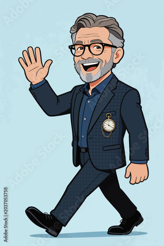 Cartoon Mature Man Waving and Walking in Business Suit