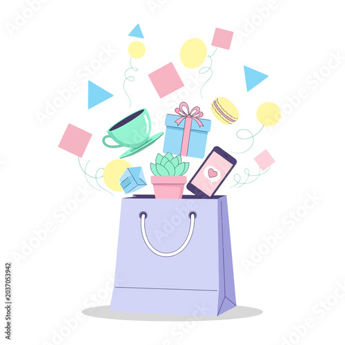 Shopping bag overflowing with gifts and objects vector illustration