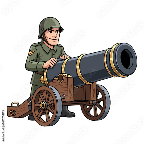 Soldier with cannon cartoon illustration ready for deployment on white