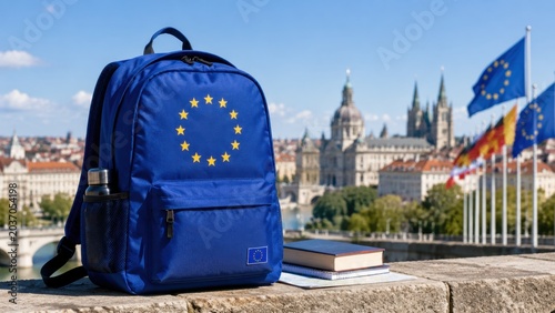 European union backpack placed on ledge with flags and books