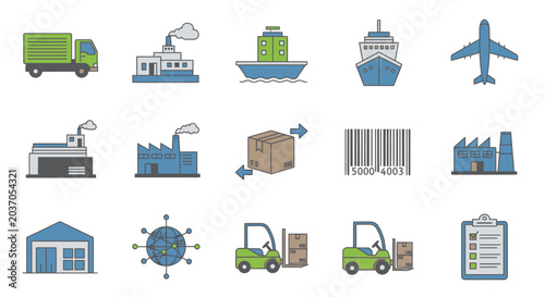Transportation and logistics icons truck ship airplane and factory illustrations